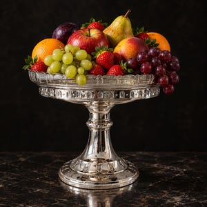 Op de afbeelding: Een zilveren fruitschaal op een voetstuk gevuld met diverse verse producten, waaronder rode appels, groene druiven, aardbeien, een peer, een sinaasappel, een pruim en donkerrode druiven. De schaal heeft een sierlijke rand en een stevige voet.