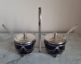 Silver plated menage around 1925 - 2 royal blue glass inserts - for delicatessen, jam - from the Grandhôtel du Cap Martin, Menton, Côte d'Azur