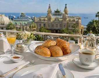 Könnte beinhalten: Ein Frühstück auf einer weißen Tischdecke mit einer silbernen Schale voller Brötchen und einem Croissant, einer silbernen Teekanne, einer weißen Tasse mit goldenem Logo, einem Glas Orangensaft und einer kleinen Schale mit Orangenmarmelade.
