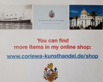 Könnte beinhalten: Ein Schwarzweißfoto eines Schiffes, ein Logo für ein Geschäft namens "Coriewa Kunsthandel" mit einer Website-Adresse und ein Farbfoto eines Gebäudes mit einer rosafarbenen Kuppel und Palmen.