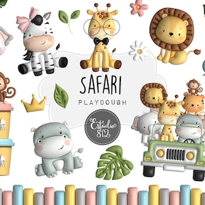 Pacchetto Clipart acquerello Safari playdought: Elefante, Ippopotamo, Leone, Tigre, Giraffa - Download digitale per Scrapbooking e decorazioni per feste