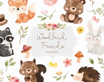 Woodland Nursery Clipart, Woodland Animals Watercolor Digital Clipart, Forest Animals