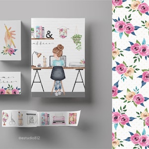 Pu&ograve; includere: Un set di adesivi digitali stampabili con un'illustrazione ad acquerello di un ufficio domestico con una donna che lavora a una scrivania, uno schema floreale e il testo "home office".