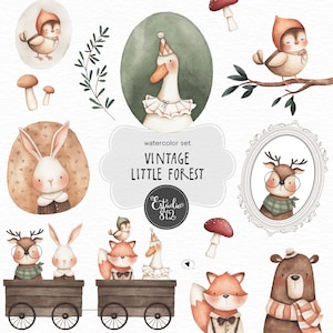 Vintage pequeño bosque clipart conejo zorro oso acuarela pájaro seta DIY