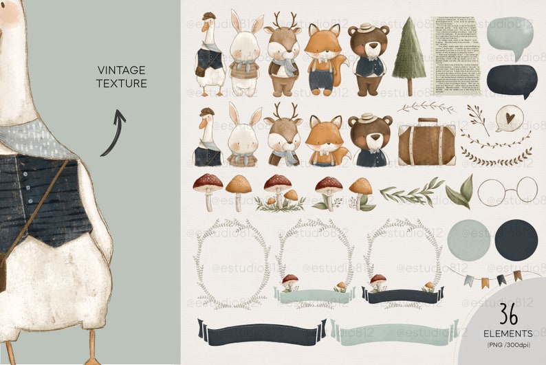 Puede incluir: Un conjunto de 36 ilustraciones digitales con animales del bosque, incluyendo un ganso, un conejo, un ciervo, un zorro y un oso. Las ilustraciones son de estilo vintage con colores y texturas apagados. El conjunto tambi&eacute;n incluye varios elementos como setas, coronas, pancartas y una maleta.