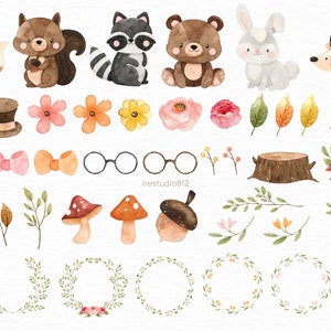 May include: Watercolor illustrations of woodland animals, including a fox, squirrel, raccoon, bear, rabbit, and hedgehog. The set also includes various floral elements, leaves, branches, mushrooms, acorns, and wreaths.