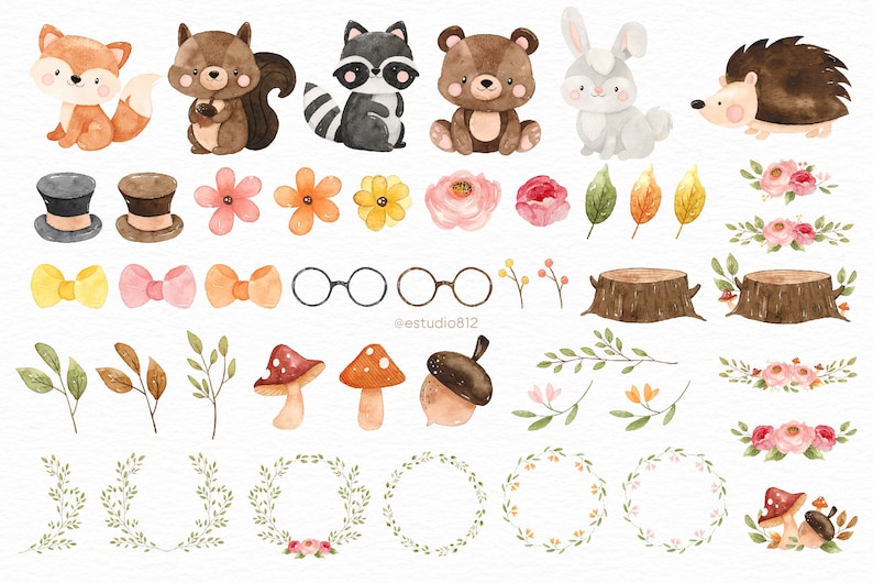 May include: Watercolor illustrations of woodland animals, including a fox, squirrel, raccoon, bear, rabbit, and hedgehog. The set also includes various floral elements, leaves, branches, mushrooms, acorns, and wreaths.