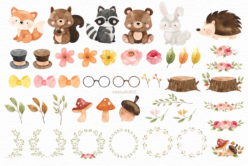 Woodland Nursery Clipart, Woodland Animals Watercolor Digital Clipart, Forest Animals image 3