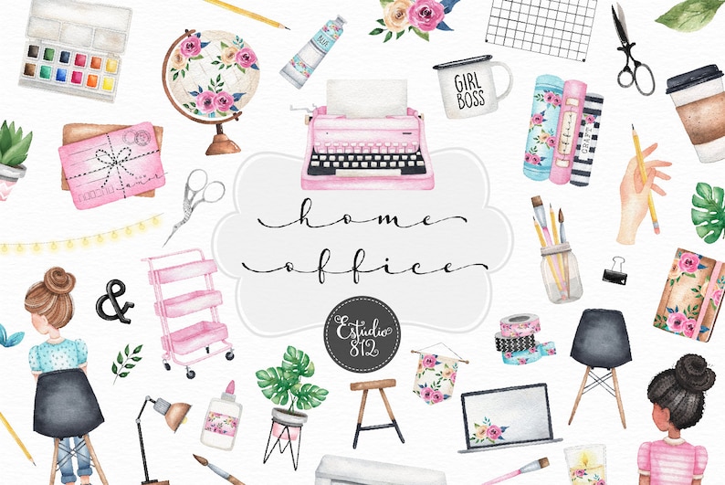 Pu&ograve; includere: Un set di illustrazioni ad acquerello di articoli per ufficio domestico in rosa, blu e verde. Il set include una macchina da scrivere, un globo terrestre, una lampada da tavolo, una sedia, una pianta in vaso, un laptop, una tazza che dice "Girl Boss", e altro ancora.