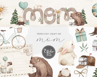 Mother Clipart, Mother's Day Watercolor, Digital Clipart, Mom and baby, Bear Clipart