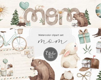 Mother Clipart, Mother's Day Watercolor, Digital Clipart, Mom and baby, Bear Clipart