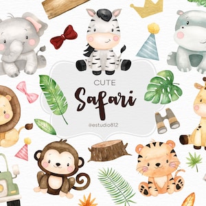 Paquete de imágenes prediseñadas de acuarela Safari: elefante, hipopótamo, león, tigre, jirafa - Descarga digital para álbumes de recortes y decoraciones de fiestas