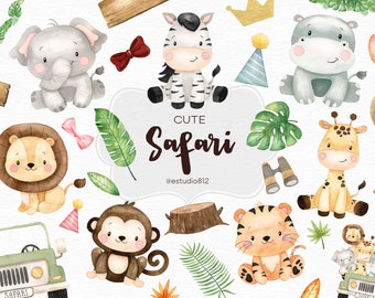 Lot de cliparts aquarelle safari : éléphant, hippopotame, lion, tigre, girafe - téléchargement numérique pour scrapbooking et décorations de fête