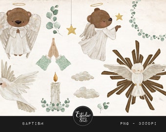 Baptism Watercolor Clipart Bundle: Christening, Holy Spirit, church - Digital Download for Scrapbooking and Party Decorations