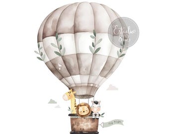 Safari hot air balloon Watercolor clipart : Elephant, zebra, Lion, Giraffe - PNG sublimation file, Transfer, Heat transfer design