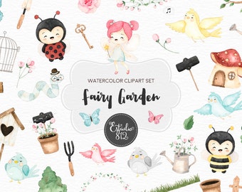 Fairy Garden Clipart, Garden Watercolor Digital Clipart