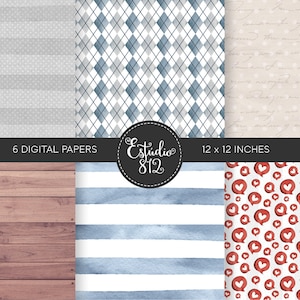 Puede incluir: Conjunto de seis papeles digitales en varios patrones, que incluyen un patr&oacute;n de lunares gris y blanco, un argyle azul y gris, un fondo blanco con escritura gris, una veta de madera, una raya de acuarela azul y blanca y un fondo blanco con corazones rojos y burbujas de di&aacute;logo. Cada papel mide 12 x 12 pulgadas.