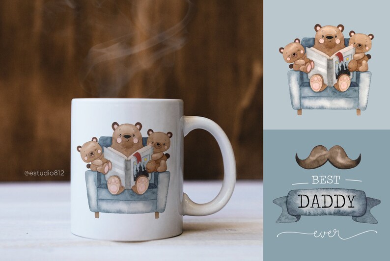 Puede incluir: Taza de cer&aacute;mica blanca con un dise&ntilde;o de tres osos marrones sentados en un sill&oacute;n azul leyendo un libro. El texto "Best Daddy Ever" est&aacute; en la taza.