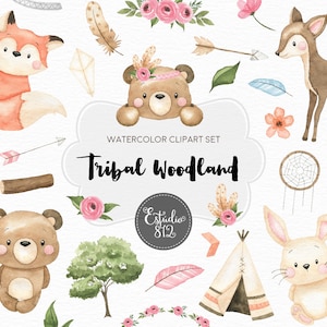 Woodland Nursery Clipart, Woodland Animals Watercolor Digital Clipart, Tribal Woodland