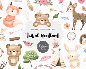 Woodland Nursery Clipart, Woodland Animals Watercolor Digital Clipart, Tribal Woodland