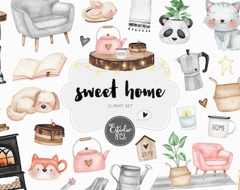 Sweet Home Clipart, Planner Girl  Watercolor Digital Clipart, quarantine clipart