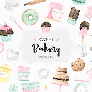 Sweet Bakery Watercolor Clipart Cake Cupcake Kitchen Cookie Macaroon Chocolate Clip Art Digital Download