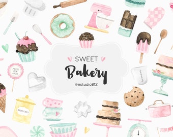 Sweet Bakery Watercolor Clipart Cake Cupcake Kitchen Cookie Macaroon Chocolate Clip Art Digital Download
