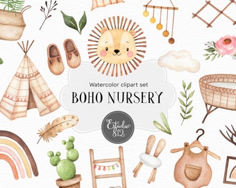 Boho Nursery Clipart watercolor Digital Download, Boho Decor