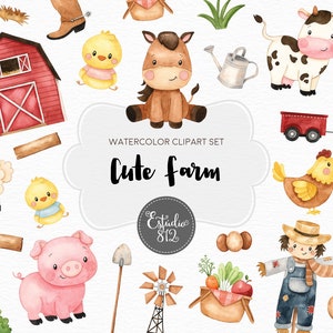 Clipart de fazenda fofo, clipart digital em aquarela de animais de fazenda, animais de fazenda