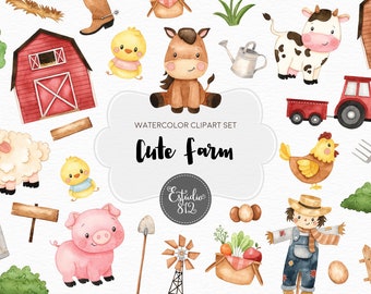 Cute Farm Clipart, Farm Animals Watercolor Digital Clipart, Farm Animals