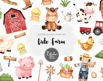 Cute Farm Clipart, Farm Animals Watercolor Digital Clipart, Farm Animals
