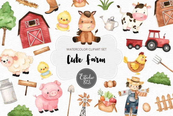 Cute Farm Clipart Farm Animals Watercolor Digital Clipart - Etsy