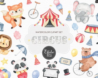 Circus Nursery Clipart, Circus Animals Watercolor Digital Clipart, Circus party tent