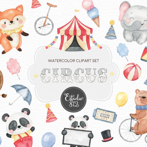 Circus Nursery Clipart, Circus Animals Watercolor Digital Clipart, Circus party tent