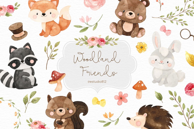 May include: Watercolor illustrations of woodland animals, including a fox, bear, rabbit, raccoon, squirrel, and hedgehog. The illustrations are surrounded by flowers, leaves, and mushrooms. The text "Woodland Friends" is written in cursive on a white cloud.