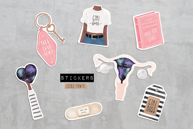 May include: A set of stickers featuring various designs, including a woman wearing a "Girl Boss" shirt, a book with the text "You Go Girl", a heart with a galaxy design, a uterus with a galaxy design, a band-aid with the text "You Go Girl", and a tag with the text "Girl Boss".