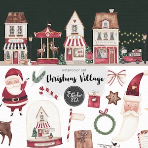 Conjunto de vila natalina em aquarela, Clipart, Papai Noel, Digital, feliz Natal.