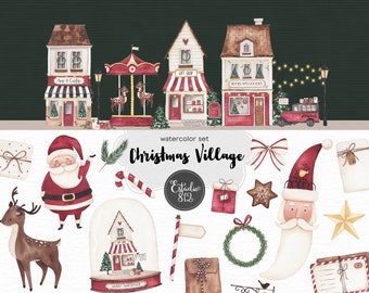 Watercolor Christmas village set, Clipart, Santa, Digital, merry Christmas.