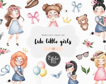 Cute Girls Clipart, Planner Girl  Watercolor Digital Clipart - Color 1