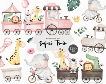 Safari Pink train Watercolor Clipart Bundle: Elephant, Lion, Tiger, Giraffe - Digital Download for Scrapbooking and Party Decorations