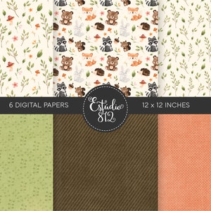 May include: Six digital papers featuring woodland animal patterns. The patterns include raccoons, bears, foxes, rabbits, and squirrels. The papers are 12 x 12 inches.
