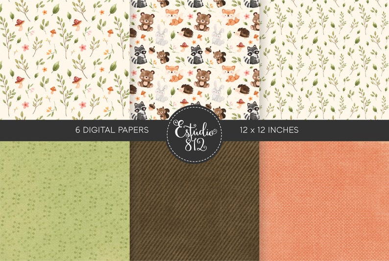 May include: Six digital papers featuring woodland animal patterns. The patterns include raccoons, bears, foxes, rabbits, and squirrels. The papers are 12 x 12 inches.