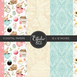 May include: Digital paper pack featuring five unique designs. Includes patterns with pink polka dots, Easter-themed illustrations with bunnies and eggs, damask patterns, and religious imagery. Each paper measures 12 x 12 inches.