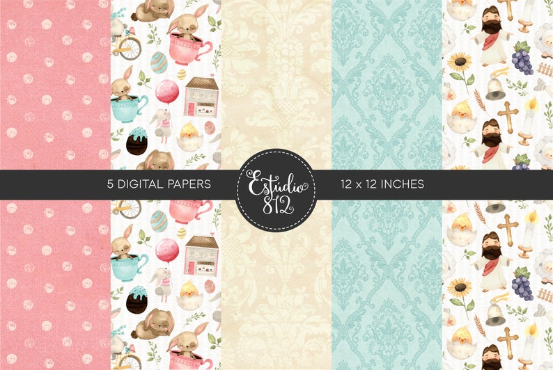 May include: Digital paper pack featuring five unique designs. Includes patterns with pink polka dots, Easter-themed illustrations with bunnies and eggs, damask patterns, and religious imagery. Each paper measures 12 x 12 inches.