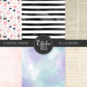 May include: Six digital papers in a set, each measuring 12 x 12 inches. The papers feature a variety of patterns, including a pink and white floral pattern, a black and white striped pattern, a light blue and purple watercolor pattern, a light pink watercolor pattern, a white and beige floral pattern, and a black and white text pattern.