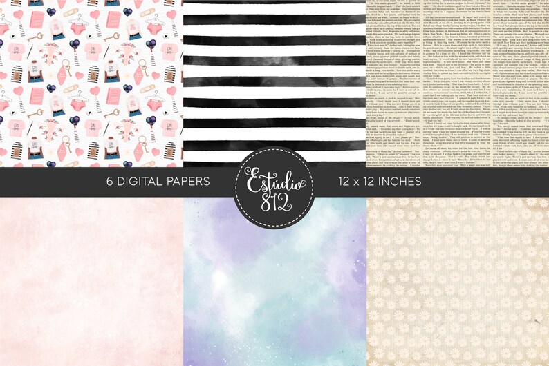 May include: Six digital papers in a set, each measuring 12 x 12 inches. The papers feature a variety of patterns, including a pink and white floral pattern, a black and white striped pattern, a light blue and purple watercolor pattern, a light pink watercolor pattern, a white and beige floral pattern, and a black and white text pattern.