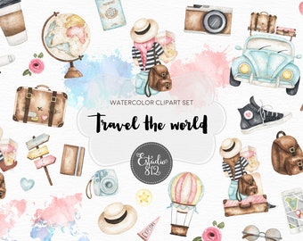 Travel the world Clipart girls plane bags Clip Art Digital Download