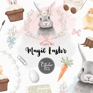 May include: A clipart set of Easter illustrations featuring bunnies, chicks, eggs, cupcakes, and a wagon. The set is titled "Magic Easter" and includes a variety of pastel colours and floral elements.