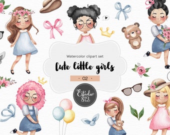 Cute Girls Clipart, Planner Girl  Watercolor Digital Clipart - Color 2
