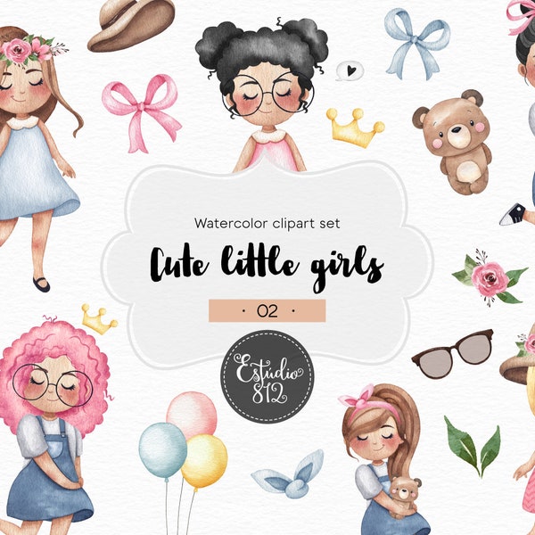 Jolies filles Clipart, planificateur fille aquarelle Digital Clipart - couleur 2